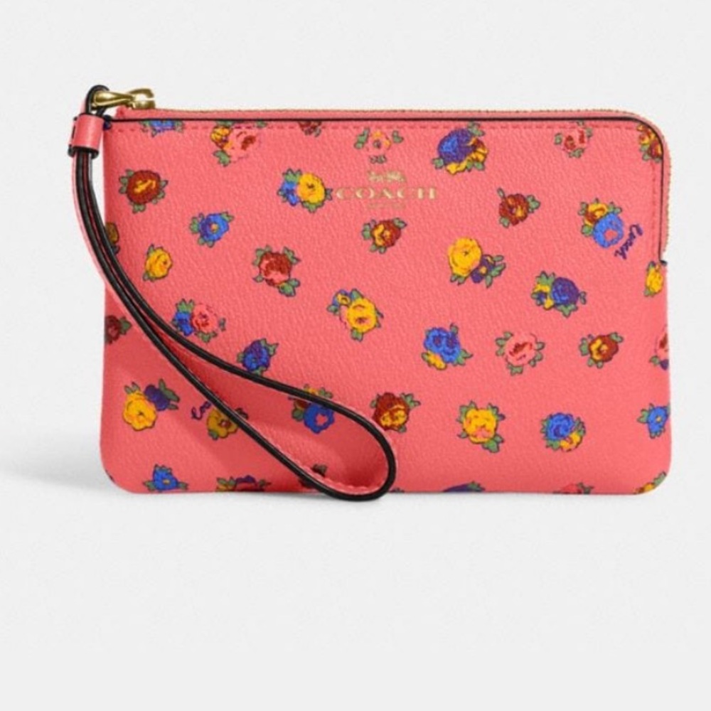 NWT Coach Corner Zip Mini Vintage Rose Print Pink Lemonade